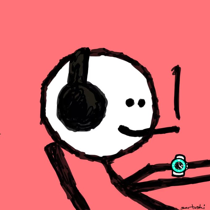 A digital drawing of a stick figure wearing black headphones and a smile, with a turquoise watch on its wrist against a coral pink background, signed 'sartoshi'.