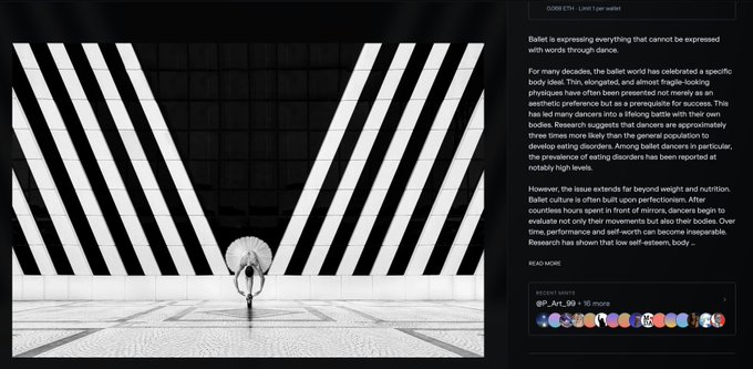 A webpage features a black-and-white image of a person holding an umbrella in a striped plaza, alongside text discussing ballet culture, fragility, eating disorders, and self-worth in a high-performance body ideology.