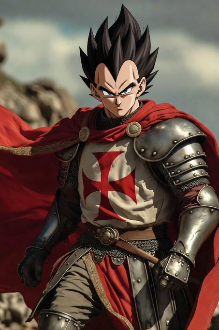 An anime-style illustration of a warrior with spiky black hair wearing a red cape, silver armor, and a tunic featuring a red cross emblem, holding a sword in a dramatic pose.