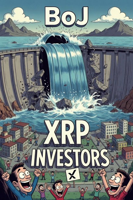 A cartoon illustration depicting the BoJ (Bank of Japan) unleashing a massive waterfall labeled 'XRP INVESTORS,' causing panic and excitement among a crowd of cartoon people below.
