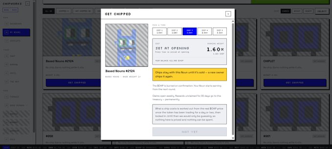 A screenshot of a website called 'CHIPFORGE' showing a 'GET CHIPPED' modal pop-up for 'Based flourn #2104', displaying a price of '1.60X' and various stats and descriptions.