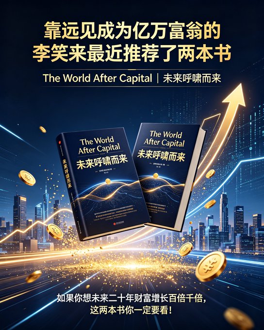 A Chinese-language advertisement for the book "The World After Capital / 未来呼啸而来," promoted as a recommendation by Li Xiaolai for becoming a billionaire, with text stating readers can increase their wealth a hundredfold in the next ten years.