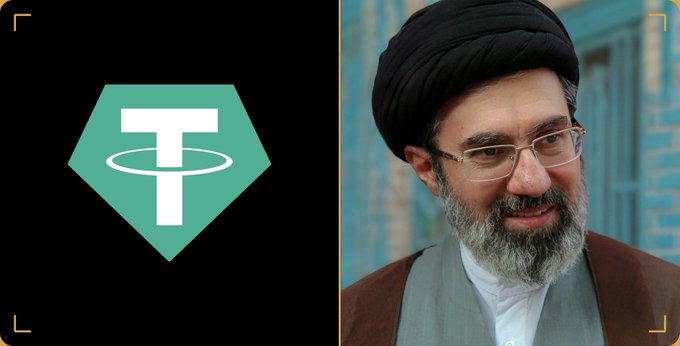 A split image showing the Tether (USDT) cryptocurrency logo on the left and a bearded man wearing a black turban and glasses on the right.