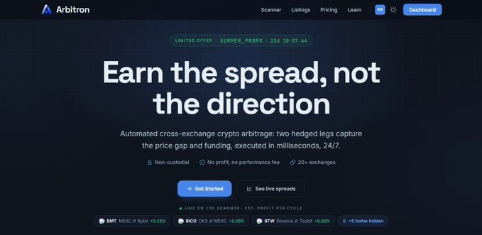 A website landing page for 'Arbitron' displays the headline 'Earn the spread, not the direction' with details about automated crypto arbitrage and listings for BMT, BICO, and BTW.