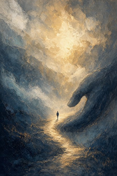 A digital painting in an impressionistic style depicting a small silhouetted figure walking through a turbulent, swirling landscape toward a bright, golden light emerging from storm clouds.