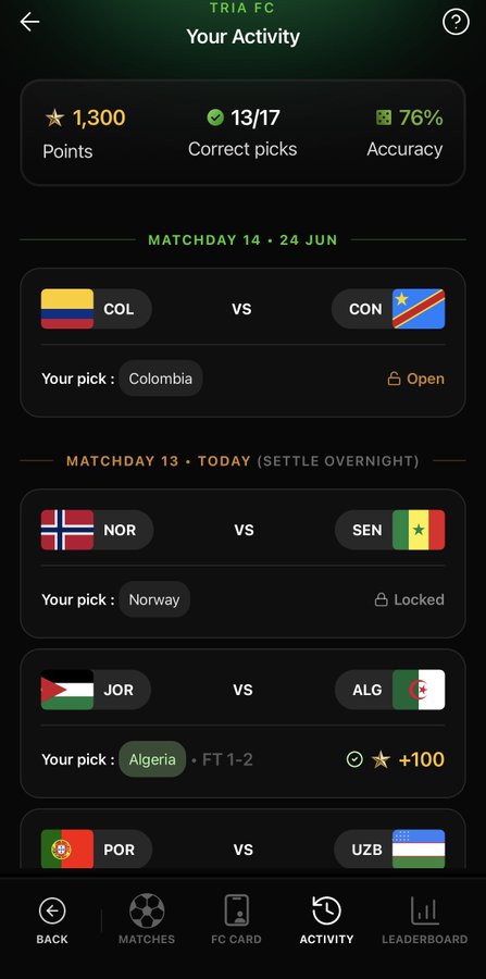 "This is another new unique perk on @useTria app so prediction game also available there I mean card, perp, swap now prediction is also available peak update for world cup ngl, Tria FC haha did you try it yet? trying mine here check this out- app.tria.so/?accessCode=WV". The image has a text overlay that indicates the presence of new features or information on the useTria app related to predicting game results and player card information.