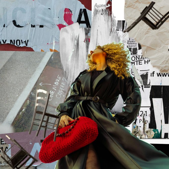 A collage-style artwork features a woman in a dark trench coat holding a red crocheted handbag, with torn posters and overlaid text including 'COFFEE' in the background.