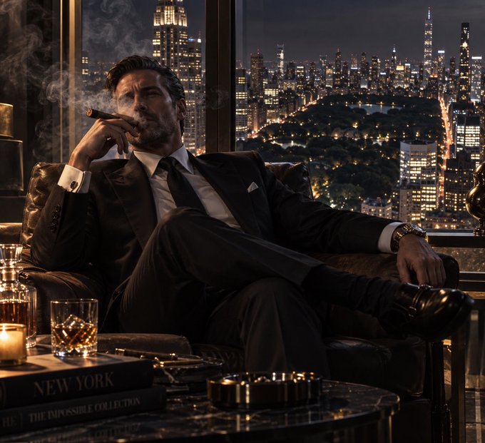 A sharply dressed man in a suit smokes a cigar while seated in a leather armchair, overlooking a glittering New York City skyline at night. In the foreground, books titled "NEW YORK" and "THE IMPOSSIBLE COLLECTION" sit beside a glass of whiskey and an ashtray, while the witty "No Bitcoin? How rude." caption playfully suggests the refined, exclusive lifestyle depicted omits cryptocurrency altogether.