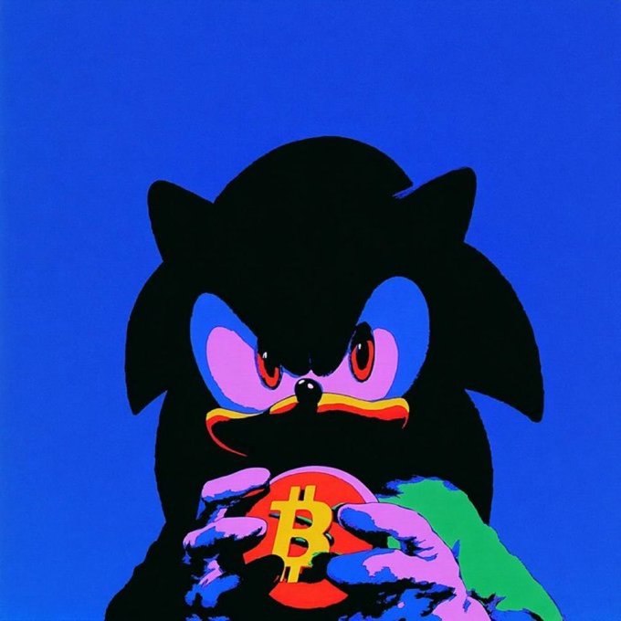 A pop-art style illustration of a dark Sonic-like hedgehog character holding a red Bitcoin (₿) coin against a blue background.
