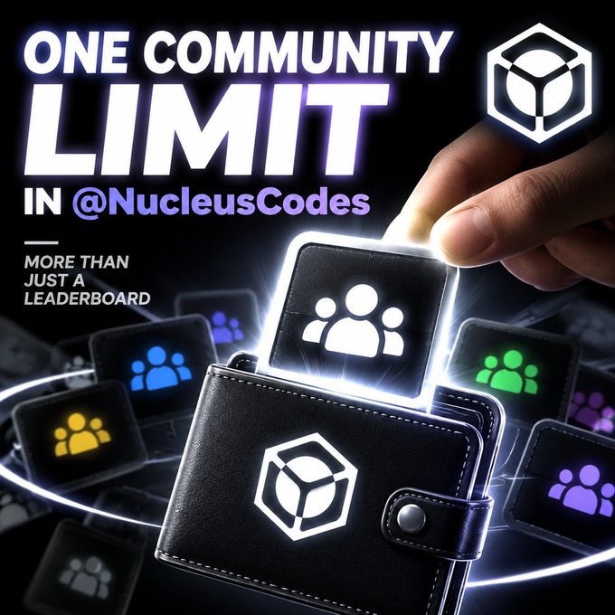 A promotional graphic reading 'ONE COMMUNITY LIMIT IN @NucleusCodes' and 'MORE THAN JUST A LEADERBOARD', featuring a hand inserting a glowing card with a people icon into a black wallet displaying a cube logo.