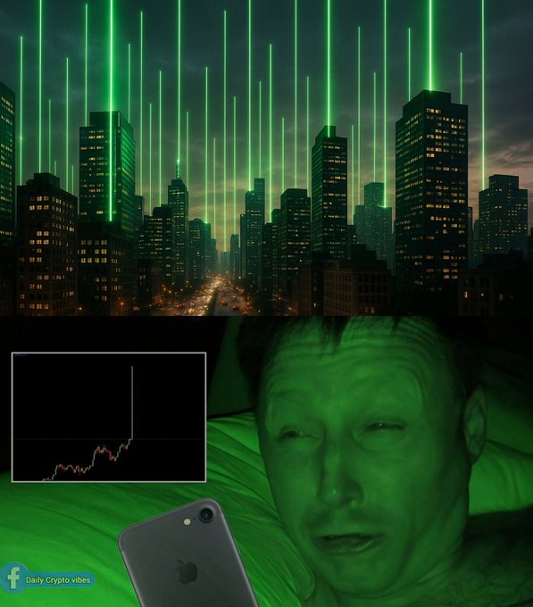The image shows a meme depicting a man lying in bed with a green-filtered face, looking at a phone displaying a sharp upward price chart spike, set against a backdrop of a city illuminated by green laser-like beams shooting into the sky. Text in the corner reads "Daily Crypto vibes," and the overall scene humorously captures the euphoric satisfaction of "$HYPE" holders celebrating a new all-time high (ATH).