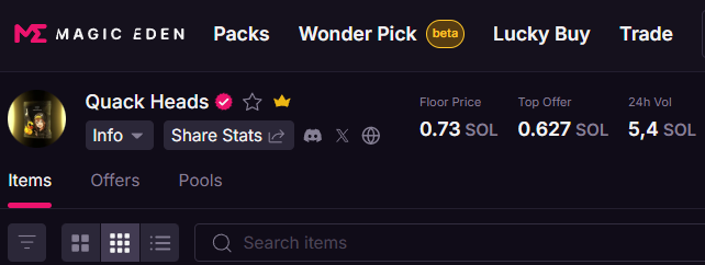 In the image, there are two main elements: a banner at the top of the screen that reads "Magic Eden" along with a list of "Magic Eden Packages", which includes a package called "Quack Heads". The post is about an opportunity to invest in Quack heads for $45 and mentions that only 1% of the selected items will be chosen as part of this investment. A conversation thread also appears, discussing why the project was a bad deal, with one person saying it's dead and another implying there might have been a chance to succeed.