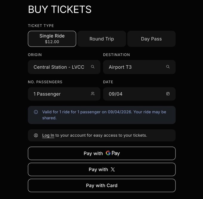A dark-themed mobile UI screen titled 'BUY TICKETS,' offering options for 'Single Ride $12.00,' 'Round Trip,' or 'Day Pass.' It shows a form for booking a ride from 'Central Station - LVCC' to 'Airport T3' for '1 Passenger' on '09/04,' with payment options including Google Pay and X.