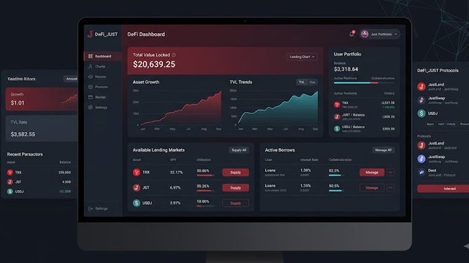 A dark-themed cryptocurrency DeFi dashboard displayed on a monitor, showing "DeFi_DUST" with a Total Value Locked of $20,639.25, asset growth and TVL trends charts, and user portfolio information for $3,318.84.