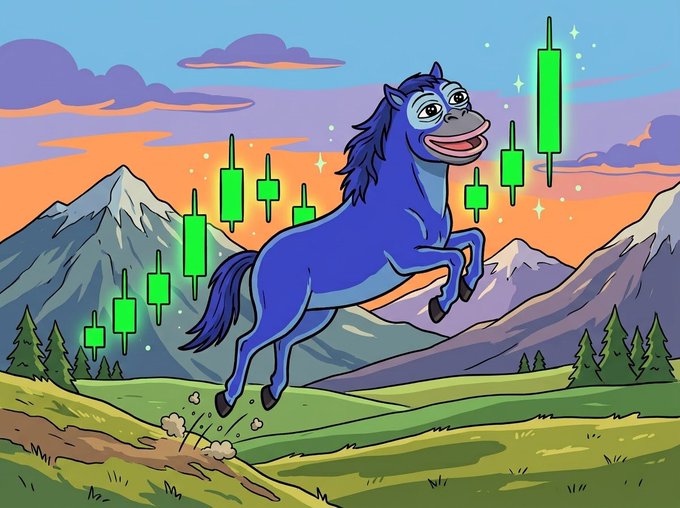 An illustrated blue horse rearing on a grassy hillside with mountains in the background, overlaid with rising green candlestick chart bars suggesting positive market movement.