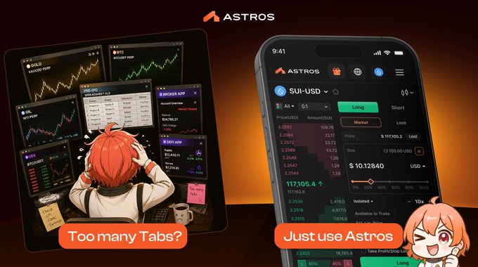 The image features a cell phone displaying an Astros trading app, with a cartoon character sitting at a desk next to the phone. The text below the image reads "Too many tabs? Just use Astros!". This suggests that the user might be overwhelmed by the number of tabs open on their device and could benefit from using Astros's trading app instead for better focus and efficiency in managing their investments.