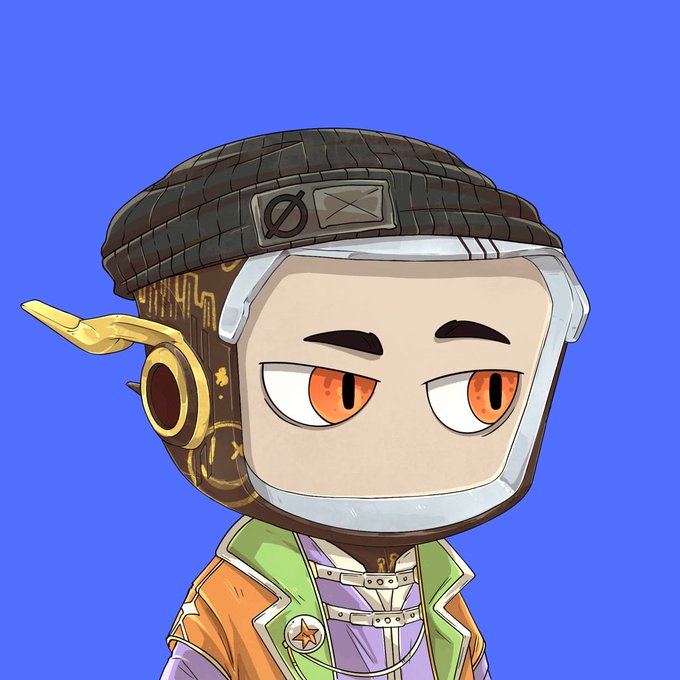 A cartoon-style avatar of a character with a square, monitor-shaped head featuring orange eyes, wearing a black beanie with a 'no' symbol and a colorful jacket, set against a solid blue background.