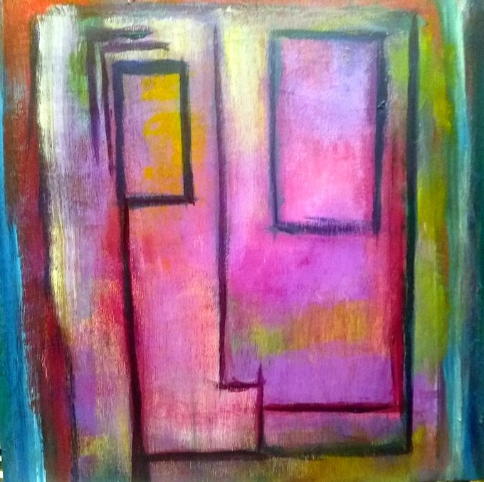 An abstract pastel painting in pink, purple, yellow, and green tones depicting a door with a small window.