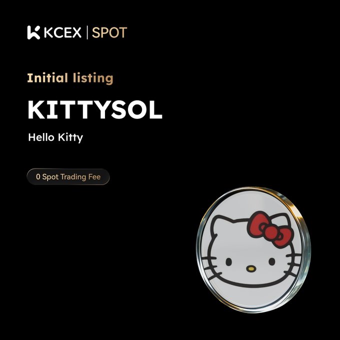The image is a promotional graphic for KCEX's initial spot listing of KITTYSOL ($KITTYSOL), a Hello Kitty-themed meme coin, featuring the Hello Kitty logo on a coin and "0 Spot Trading Fee" text to highlight fee-free trading on the platform.