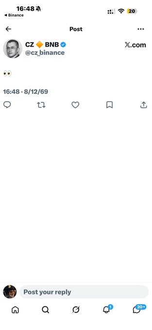 A screenshot of CZ Binance's (@cz_binance) X post showing only "👀" emoji, dated 8/12/69 (likely 2024), captioned "meme or bnbchain ecosystem."