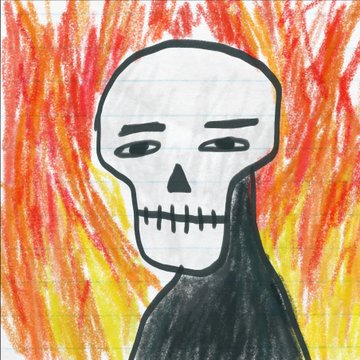 A child-like crayon drawing of a skull-faced figure with a black hooded body against a fiery red and yellow background.