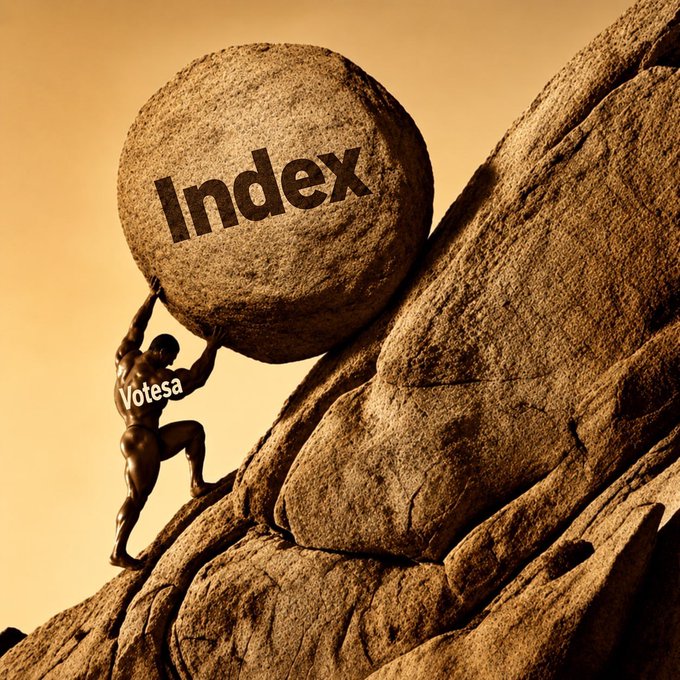 A muscular figure labeled "Votesa" pushes a massive boulder inscribed with "Index" up a steep rocky cliff, symbolizing the relentless effort of builders pushing the @TheIndexFi project uphill, reinforcing the post's message that the builders are not done.