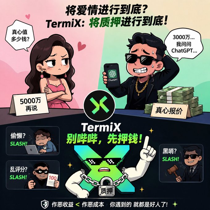 Chinese promotional graphic for 'TermiX' platform featuring cartoon characters discussing crypto/love negotiations with ChatGPT and money stacks, with text about pledging funds.