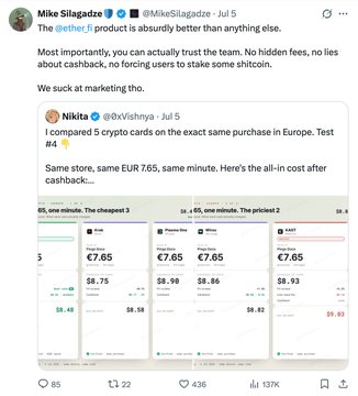 The image shows EtherFi CEO Mike Silagadze quote-tweeting Nikita's (@0xVishnya) comparison post from July 5, which displays four crypto cashback cards (The cheapest 3, Prime-like, Prime+, and KAST) and their net costs after cashback on €65 purchases, with KAST showing the lowest all-in cost at €52.03 and Silagadze praising his team for delivering a superior product over competitors.