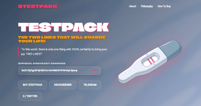 A website landing page for "$TESTPACK" featuring a 3D rendered pregnancy test showing two lines, with the tagline "THE TWO LINES THAT WILL CHANGE YOUR LIFE!," a contract address, and buttons for Buy Testpack, DexScreener, and Telegram.