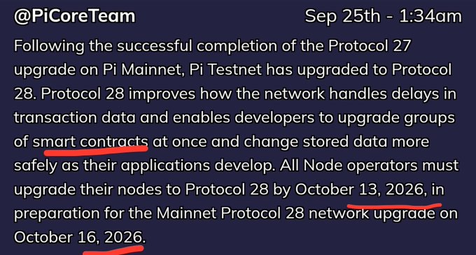 A screenshot from @PiCoreTeam dated Sep 25th - 1:34am announcing the Pi Testnet upgrade to Protocol 28, with phrases like 'groups of smart contracts', 'Protocol 28 by October 13', '2026', and 'October 16' underlined in red.