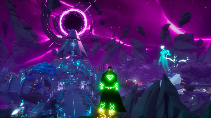 A vibrant screenshot from a video game featuring a character in a glowing green outfit standing before a cosmic portal and floating purple rocks.