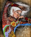 A vibrant digital portrait of a regal figure with flowing white hair and an ornate red crown, rendered in a colorful, painterly style. The artwork showcases intricate details and a rich color palette, fitting for a unique 1/1 NFT on objkt.