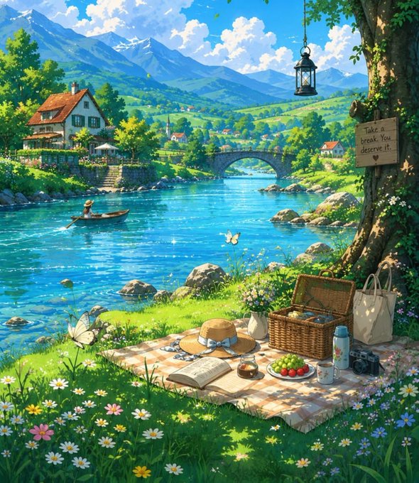 A vibrant illustration of a picnic scene by a clear blue river, with a person rowing a boat, a stone bridge, a charming house, and mountains in the background; a picnic blanket holds a hat, flowers, a basket, fruit, and a sign reading 'Take a break. You deserve it.'