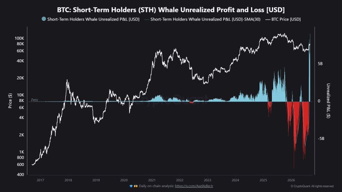 A chart titled "BTC: Short-Term Holders (STH) Whale Unrealized Profit and Loss [USD]" displays BTC price from 2017-2026 alongside short-term holder whale unrealized P&L in USD and its 30-day SMA, showing a sharp recent spike to roughly $9 billion in unrealized profits—matching the post's claim of a 10-year high that historically coincides with local market tops.