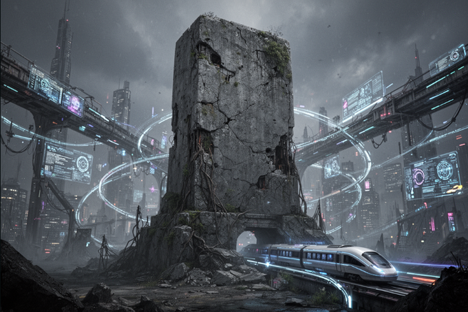 The image features a futuristic cityscape with a large, rusted stone tower as its centerpiece. The tower stands tall amidst the technological advancements of the city, which includes a train running through the scene. The city's infrastructure is impressive, with numerous billboards and signs visible throughout the area. The post about CNPYNetwork and their monuments emphasizes the resilience of the city's infrastructure in the face of rapid technological advancements.

The image also contains several other elements that contribute to its futuristic aesthetic. For example, there are neon lights illuminating the scene, adding a touch of modernity to the otherwise ancient stone tower. The presence of a train running through the city further reinforces the theme of progress and innovation within this futuristic environment.