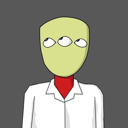 A cartoon illustration depicts an alien-like figure with three eyes and a yellow-green face, wearing a white lab coat over a red shirt against a gray background.