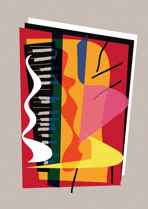 A vibrant abstract collage artwork featuring overlapping piano keys, a saxophone silhouette, and bright geometric shapes in red, yellow, orange, green, blue, and pink against a beige background.