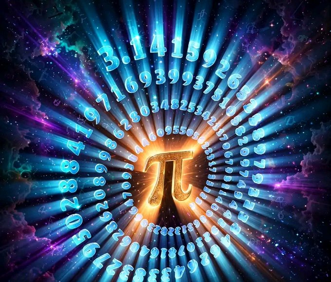 A vibrant, glowing image of the mathematical symbol π (pi) at the center of a spiral of its numerical digits (3.14159265358979...) radiating outward against a cosmic, starry background.
