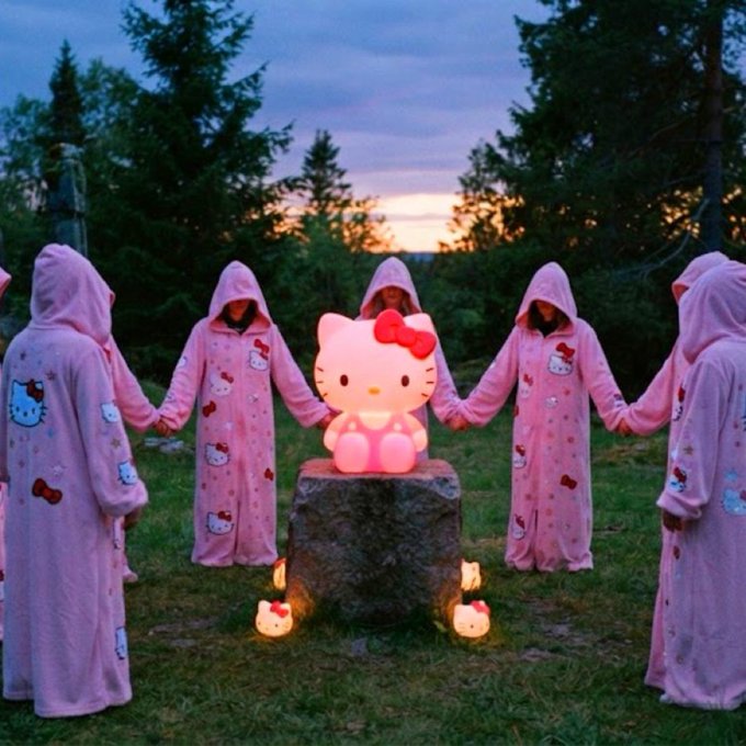 A surreal scene of hooded figures in pink Hello Kitty robes gathered in a circle around an illuminated Hello Kitty statue on a stone pedestal in a forest at dusk.