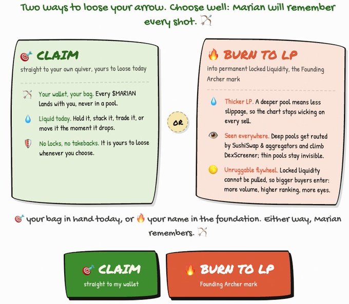The image presents a choice between two airdrop options: "CLAIM" (tokens sent directly to the user's wallet) or "BURN TO LP" (tokens permanently locked into liquidity, becoming a "Founding Archer" mark). This visualizes the decision mentioned in the post, where eligible users can either receive their airdrop tokens or burn them into the liquidity pool to take the "Founding Archer" path.