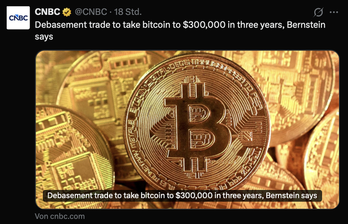A CNBC post from 18 hours ago features gold-colored Bitcoin coins and headlines that Bernstein predicts bitcoin will reach $300,000 within three years, driven by the "debasement trade"—aligning with the accompanying commentary about renewed debasement trade narratives following Bitcoin's rally and strong inflows into gold and Bitcoin ETFs.