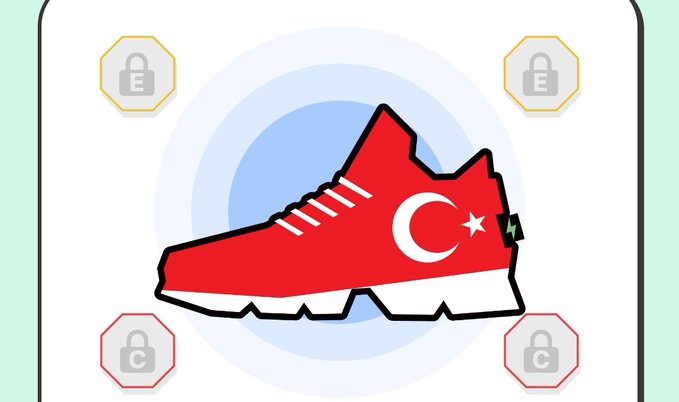 Digital illustration of a red sneaker designed with the Turkish flag (crescent and star) on a light blue background with locked octagonal icons.