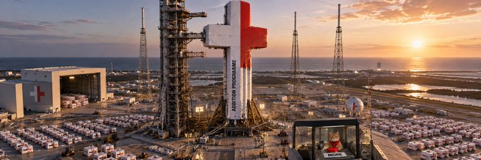 An aerial view of a SpaceX rocket on a launch pad at sunset, with 'MORTY PROGRAMME' written on its side, surrounded by numerous white Tesla vehicles parked nearby.