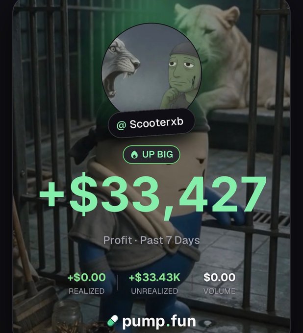A pump.fun profile card for user @Scooterxb showing a profit of +$33,427 over the past 7 days, featuring meme artwork with a lion and a green character.