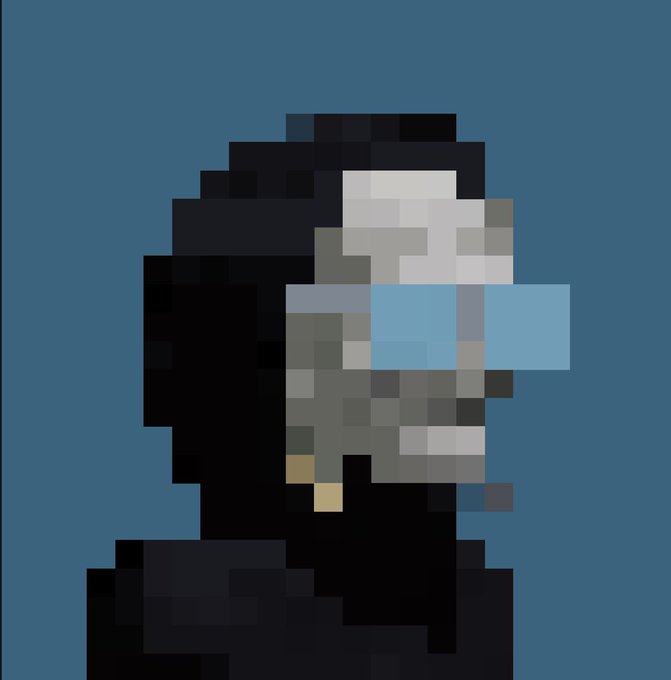 A pixel art portrait of a figure wearing a black hood and a bright blue visor against a dark blue background.