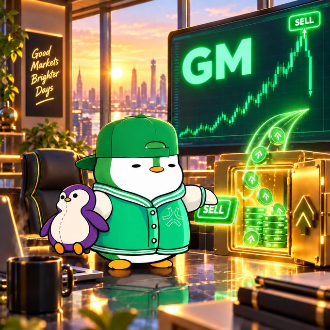 A digital illustration of a penguin character in a green baseball cap and jacket holding a 'SELL' sign, with a monitor showing 'GM' and a stock chart, and a glowing gold vault filled with coins.