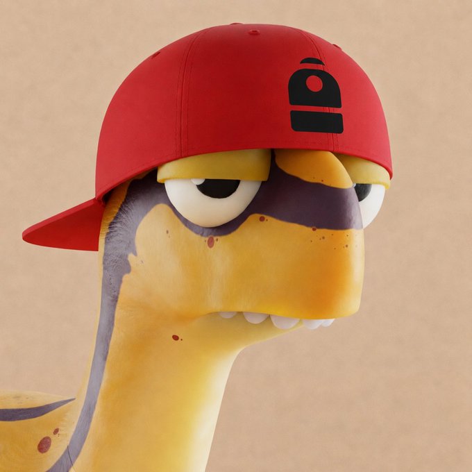 The image features a cartoon dinosaur wearing a red baseball cap with an "I" on it. The dinosaur has a sad expression as if it's crying or sulking. The background of the image is brown, which contrasts with the vibrant colors of the dinosaur and its hat. There are no texts present in the image, but there is a caption that reads: 
"NFTs are a big family. There are so many great communities. Thanks @cryptodailybuzz , @Claynosaurz , and @theboredbunch . P.S use @Backpack."