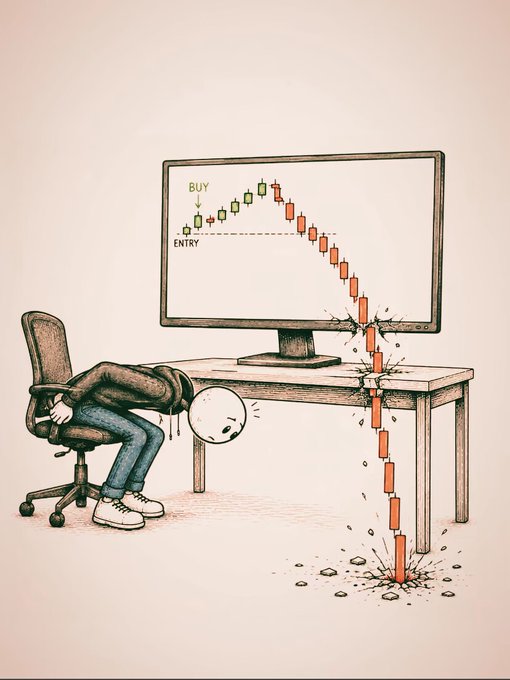 A cartoon illustration of a defeated trader slumped over their desk as their stock chart crashes through the floor, with 'BUY' and 'ENTRY' labels visible on the declining chart.