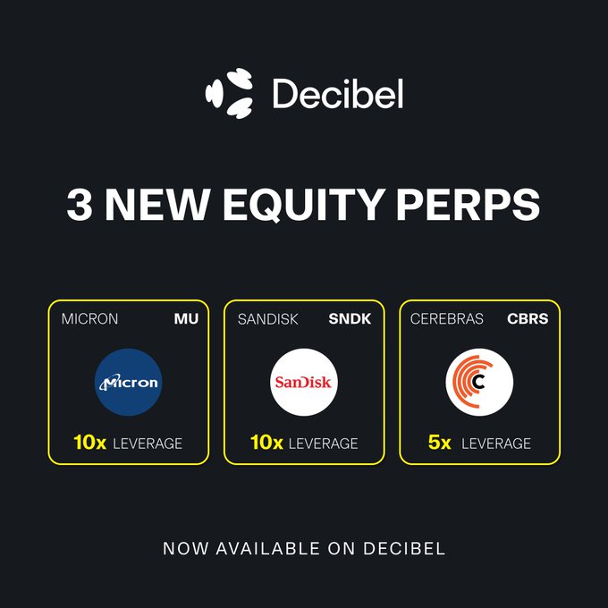 The image features a poster for Decibel, which has three different logos representing new equity perps. The first logo displays a blue circle with a white "M" inside, symbolizing the company's involvement in the tech industry. The second logo is a red circle with a white "S" inside, indicating that Sandisk is one of the companies listed on this equity offering. The third logo shows a white circle with an orange "C" inside, representing CRS (Certified Regulated Securities). The poster also includes text that reads: 
"3 new equity perps now available on Decibel".