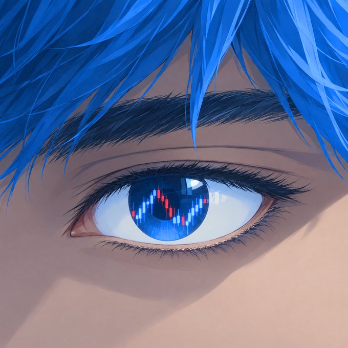 An anime-style close-up illustration of a character's blue eye, which reflects a financial candlestick chart pattern.